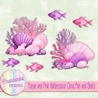 Free purple and pink watercolour coral fish and shells