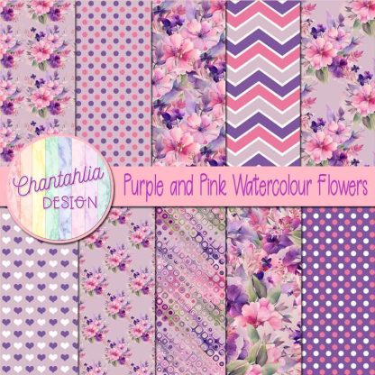 Free purple and pink watercolour flowers digital papers