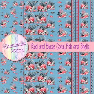Free red and black coral fish and shells digital papers