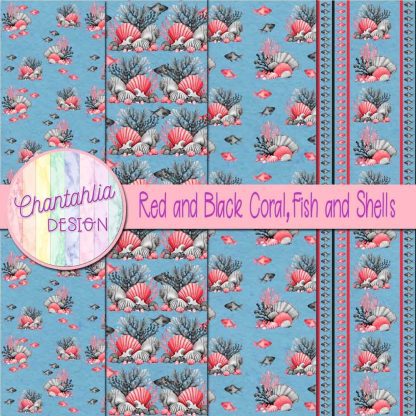 Free red and black coral fish and shells digital papers