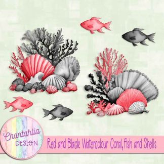 Free red and black watercolour coral fish and shells