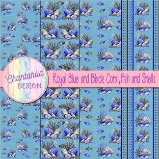 Free royal blue and black coral fish and shells digital papers