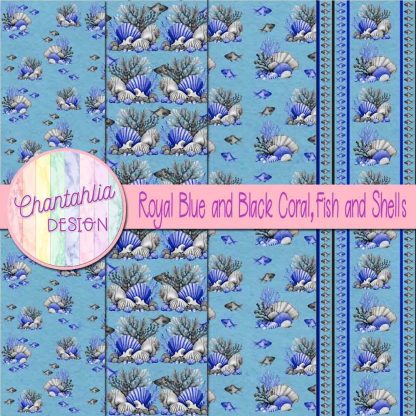 Free royal blue and black coral fish and shells digital papers