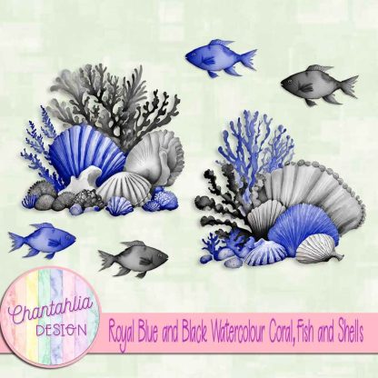 Free royal blue and black watercolour coral fish and shells