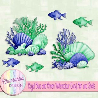 Free royal blue and green watercolour coral fish and shells