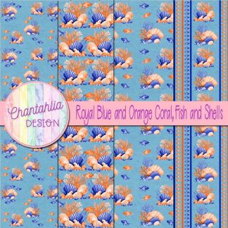 Free royal blue and orange coral fish and shells digital papers