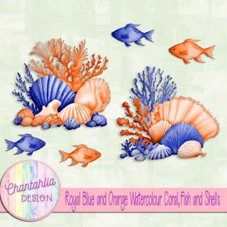 Free royal blue and orange watercolour coral fish and shells