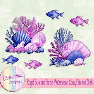 Free royal blue and purple watercolour coral fish and shells