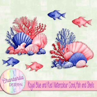 Free royal blue and red watercolour coral fish and shells
