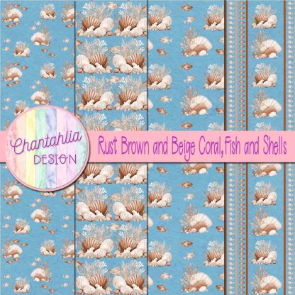 Free rust brown and beige coral fish and shells digital papers