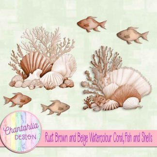 Free rust brown and beige watercolour coral fish and shells