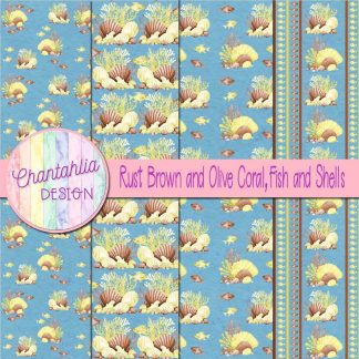 Free rust brown and olive coral fish and shells digital papers