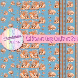 Free rust brown and orange coral fish and shells digital papers