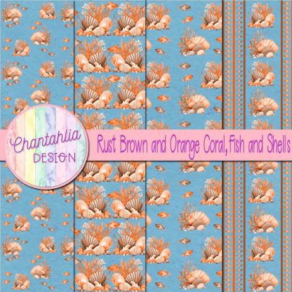 Free rust brown and orange coral fish and shells digital papers