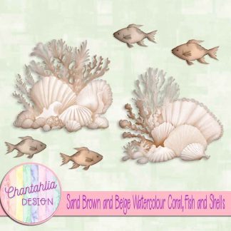 Free sand brown and beige watercolour coral fish and shells