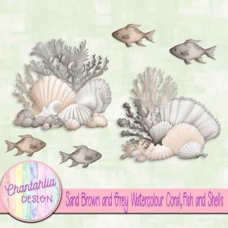 Free sand brown and grey watercolour coral fish and shells