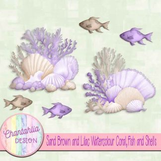 Free sand brown and lilac watercolour coral fish and shells