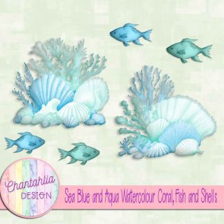 Free sea blue and aqua watercolour coral fish and shells