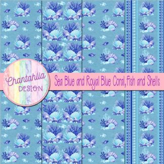 Free sea blue and royal blue coral fish and shells digital papers