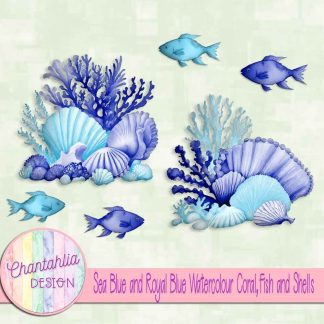 Free sea blue and royal blue watercolour coral fish and shells