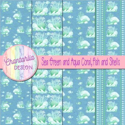 Free sea green and aqua coral fish and shells digital papers