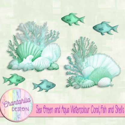 Free sea green and aqua watercolour coral fish and shells