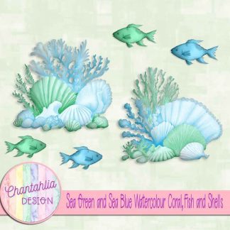Free sea green and sea blue watercolour coral fish and shells