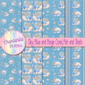 Free sky blue and beige coral fish and shells digital papers
