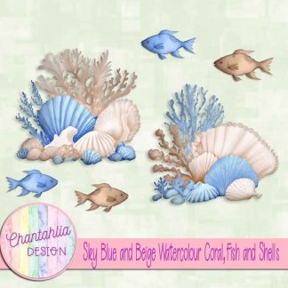 Free sky blue and beige watercolour coral fish and shells