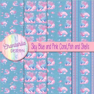Free sky blue and pink coral fish and shells digital papers