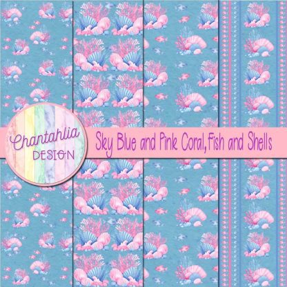 Free sky blue and pink coral fish and shells digital papers