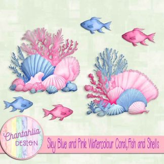 Free sky blue and pink watercolour coral fish and shells