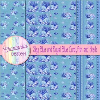 Free sky blue and royal blue coral fish and shells digital papers