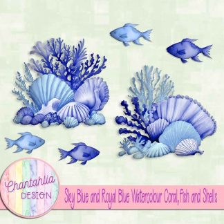 Free sky blue and royal blue watercolour coral fish and shells