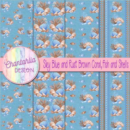 Free sky blue and rust brown coral fish and shells digital papers