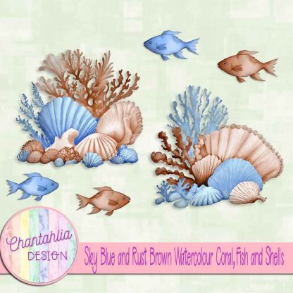 Free sky blue and rust brown watercolour coral fish and shells