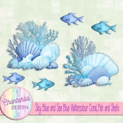Free sky blue and sea blue watercolour coral fish and shells