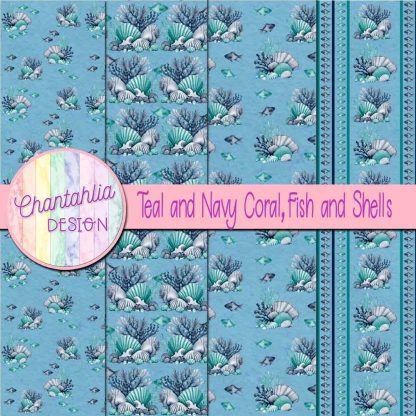 Free teal and navy coral fish and shells digital papers