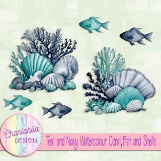 Free teal and navy watercolour coral fish and shells