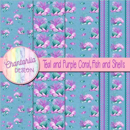Free teal and purple coral fish and shells digital papers