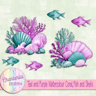 Free teal and purple watercolour coral fish and shells