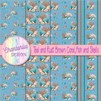 Free teal and rust brown coral fish and shells digital papers