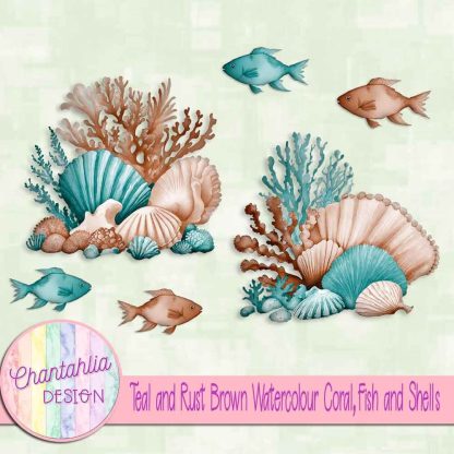 Free teal and rust brown watercolour coral fish and shells