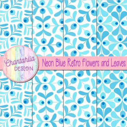 Free neon blue retro flowers and leaves digital papers