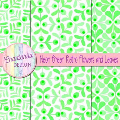 Free neon green retro flowers and leaves digital papers