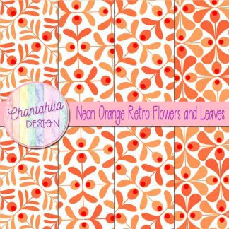 Free neon orange retro flowers and leaves digital papers