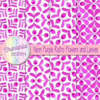 Free neon purple retro flowers and leaves digital papers