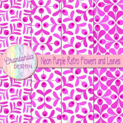 Free neon purple retro flowers and leaves digital papers