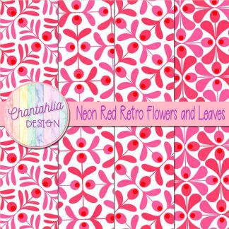 Free neon red retro flowers and leaves digital papers