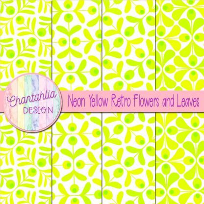 Free neon yellow retro flowers and leaves digital papers
